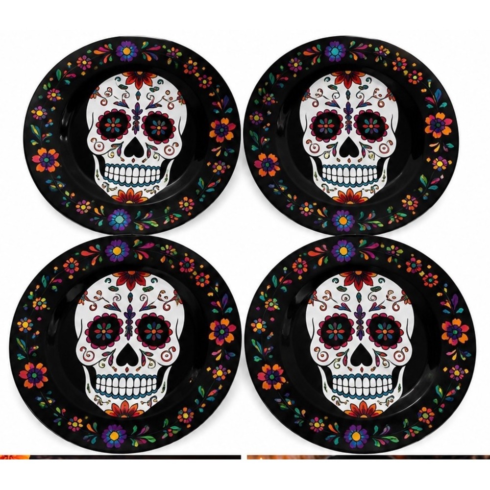 Set of 4 Day of Dead Sugar Skull Melamine Plates Halloween Dia de los Muertos